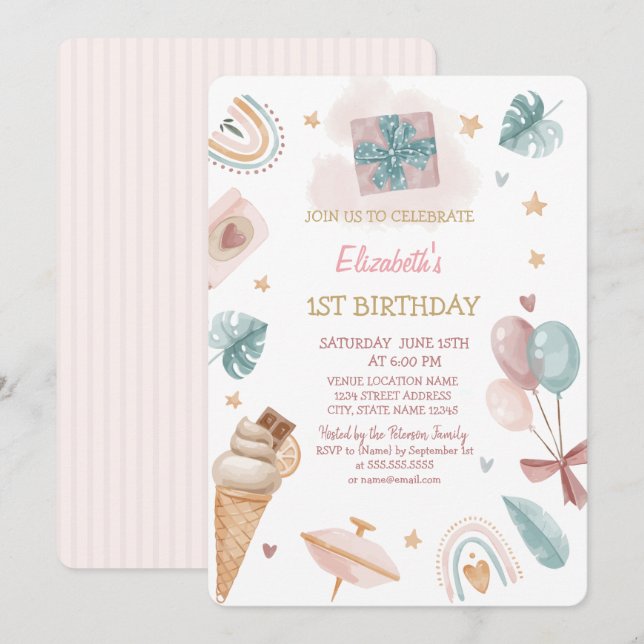 Invitación Arcoíris,Globos,Helado Rayado Cumpleaños   (Anverso / Reverso)