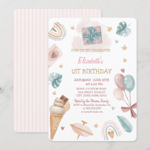 Invitación Arcoíris,Globos,Helado Rayado Cumpleaños  