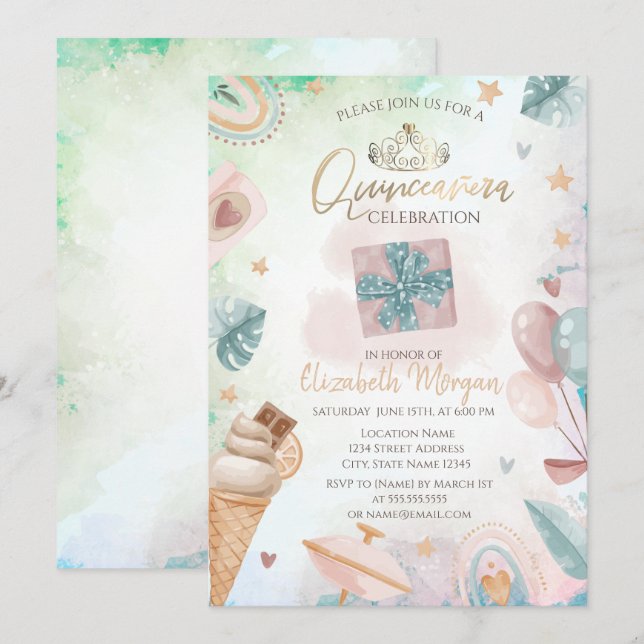 Invitación Arcoíris,Helado,Globos Quinceañera de verano (Anverso / Reverso)