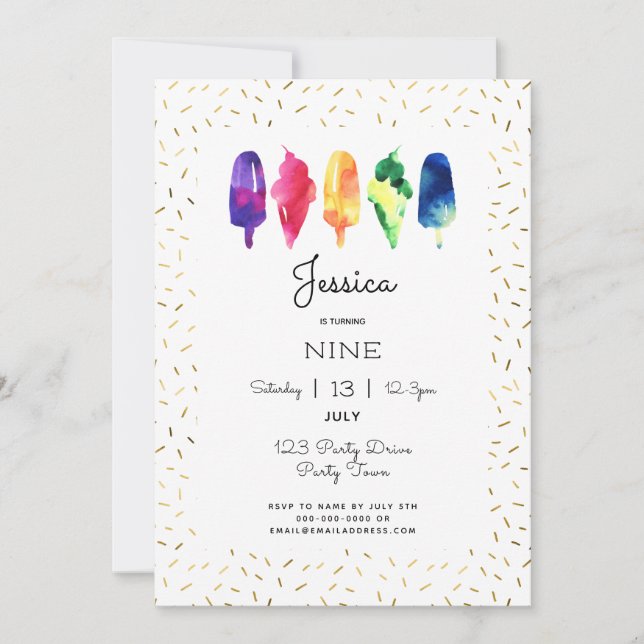 Invitación Arcoiris Hielo Crema Hielo Pop Oro Elegante (Anverso)