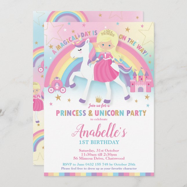 Invitación Arcoiris invitan al cumpleaños de Princesa y Unico (Anverso / Reverso)