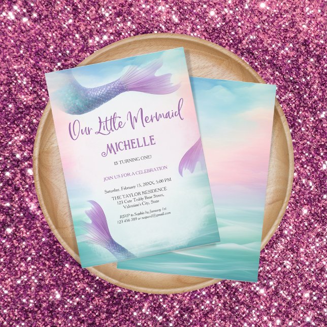 Invitación Arcoíris Mágico Nuestra Pequeña Sirena Bajo el Mar (mermaid birthday party invitation)
