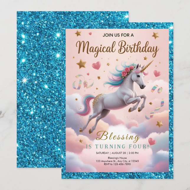 Invitación Arcoíris Mágico Unicornio Cumpleaños 4 (Anverso / Reverso)