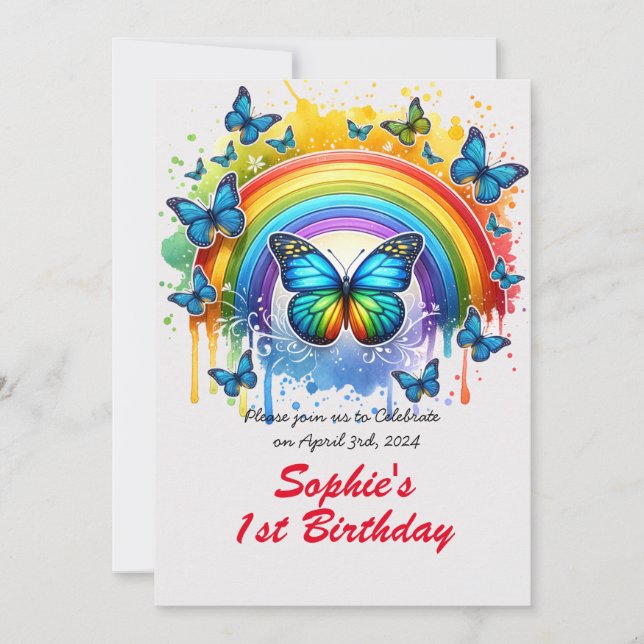 Invitación Arcoiris mágico y mariposas - Partido de cumpleaño (Anverso)