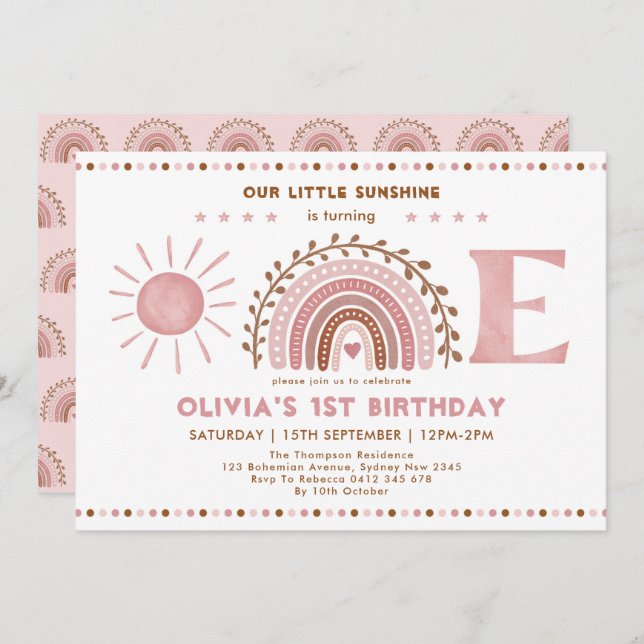 Invitación Arcoiris marrón rosado apagado y sol primer cumple (Anverso / Reverso)