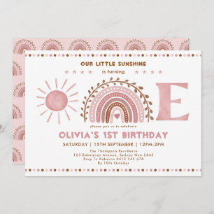 Invitación Arcoiris marrón rosado apagado y sol primer cumple