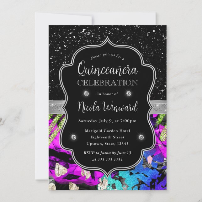Invitación Arcoíris Neon Abstracto Brillo Quinceañera (Anverso)