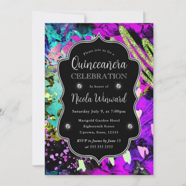 Invitación Arcoíris Neon Abstracto Brillo Quinceañera (Anverso)