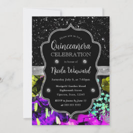 Invitación Arcoíris Neon Abstracto Brillo Quinceañera