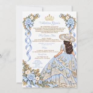 Invitación Arcoiris Niña Azul Charra Quinceañera Floral Oro