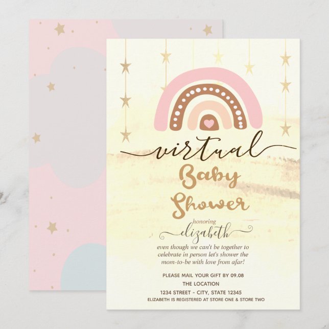 Invitación Arcoiris, nubes estrellas en Baby Shower virtual (Anverso / Reverso)
