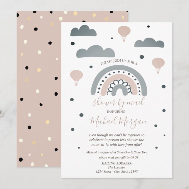Invitación Arcoíris, Nubes, Lunares: Baby Shower Virtual por  (Anverso / Reverso)