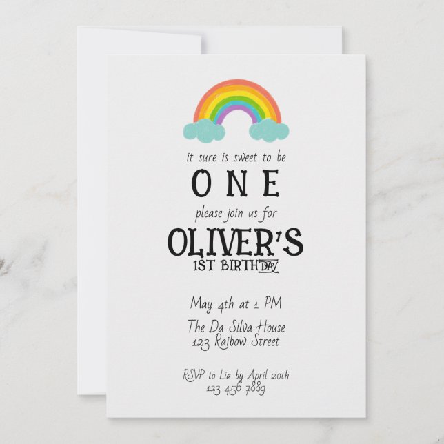 Invitación Arcoíris Para Ser Uno Primer Cumpleaños (Anverso)