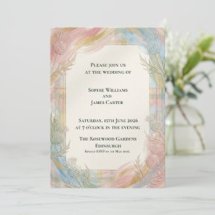 Invitación Arcoíris Pastel Cardo Floral Tartán Boda Escocesa