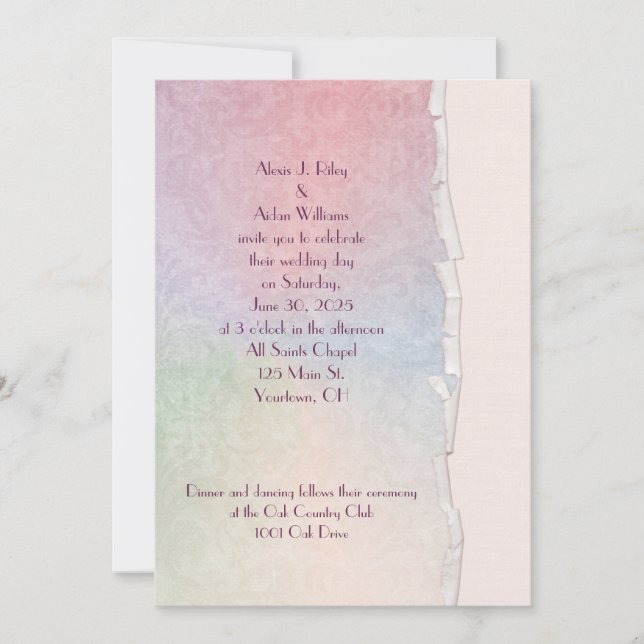 Invitación arcoíris pastel de boda con borde rasgado (Anverso)