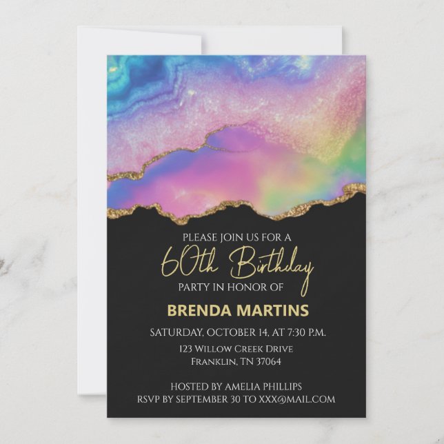 Invitación Arcoíris Pastel Dorado Glitter  Acuarela (Anverso)