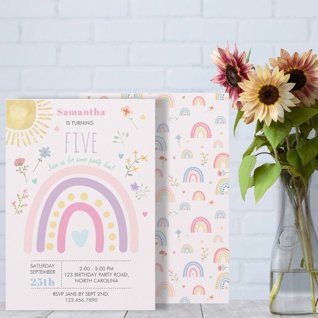 Invitación Arcoíris Pastel Flores Silvestres Corazones Cumple (Pastel Rainbows Girly Wildflowers Hearts Birthday Invitation)