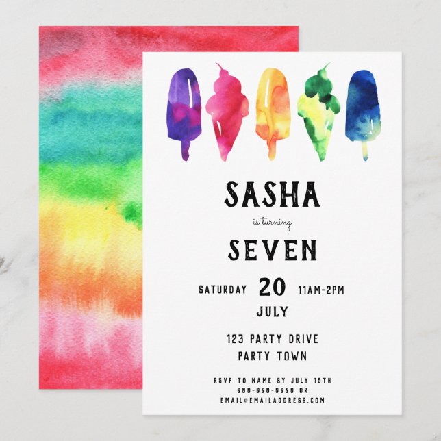 Invitación Arcoiris Popsicles Crema de hielo Cumpleaños (Anverso / Reverso)