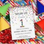 Invitación Arcoiris primer Fiesta de cumpleaños, primer cumpl<br><div class="desc">Iris 1er cumpleaños / primera fiesta de cumpleaños invitaciones! Con los detalles del fiesta de su hijo y un "1" en confetti,  con círculos de confetti de colores como el arcoiris divertidos rociando desde la parte superior de estas lindas invitaciones.</div>