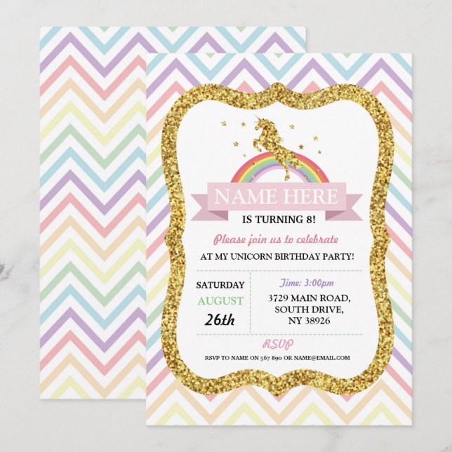 Invitación Arcoiris Purpurina de oro de la fiesta de cumpleañ (Anverso / Reverso)