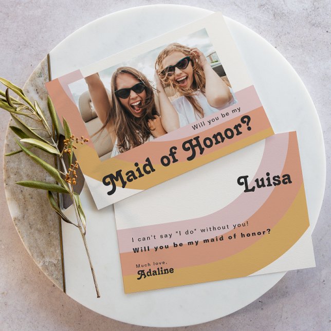 Invitación Arcoiris retro | Foto Maid of Honor Propuesta Card (Subido por el creador)