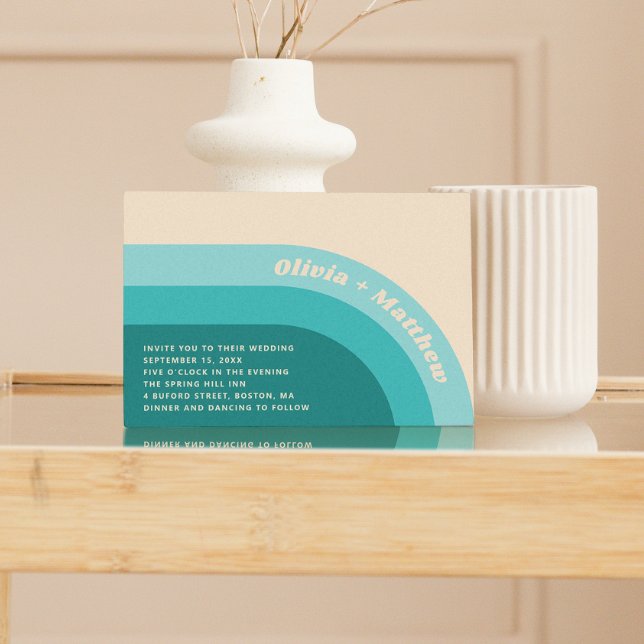 Invitación Arcoiris retro groovy 70s boda + código QR (Subido por el creador)