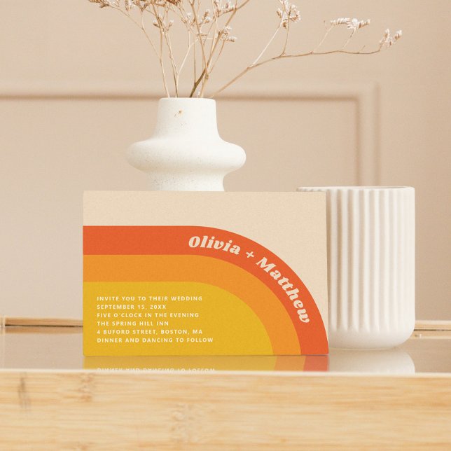 Invitación Arcoiris retro groovy 70s boda + código QR (Subido por el creador)