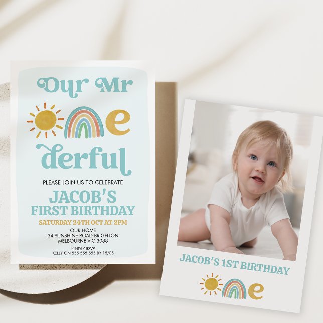 Invitación Arcoiris retro Nuestro Sr. Maravilloso Primer Cump (Sun and rainbow our mr onderful 1st birthday invitation, mr onderful first birthday invite, retro)