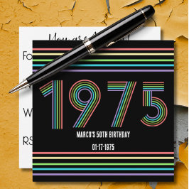 Invitación Arcoiris retro vintage 1975 50 cumpleaños negro