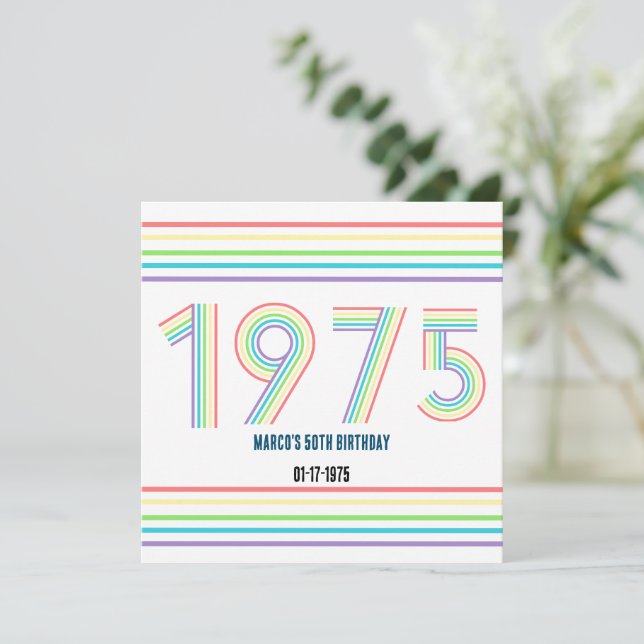 Invitación Arcoiris retro vintage número 50 cumpleaños 1975 (Anverso de pie)