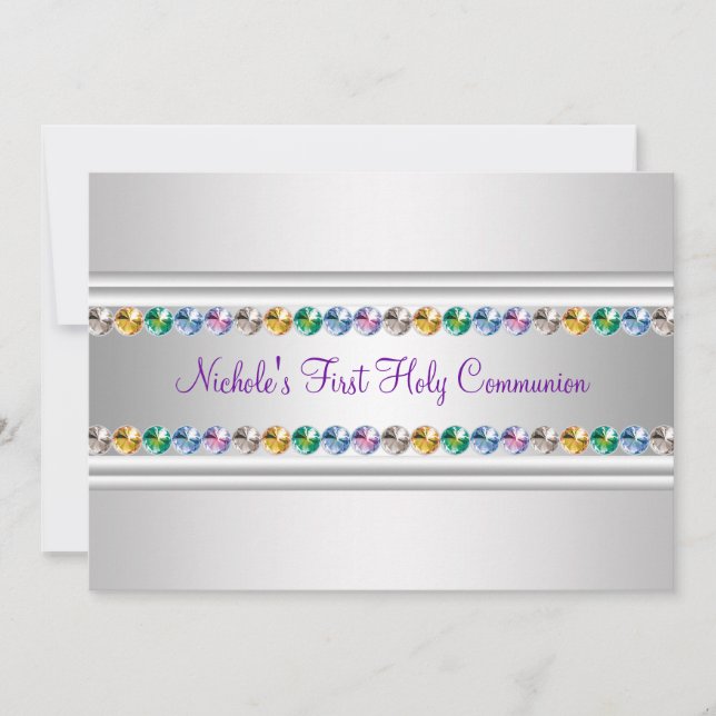Invitación Arcoíris Rhinestones Morado Blanco Primera Comunió (Anverso)