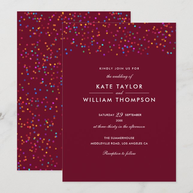 Invitación Arcoíris Romántico Confeti Burgundy Boda (Anverso / Reverso)