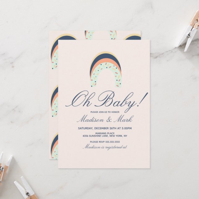 Invitación Arcoiris Ropa de pincel roce Baby Shower rosa (Anverso/Reverso In Situ)