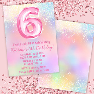 Invitación Arcoiris rosa 6 cumpleaños