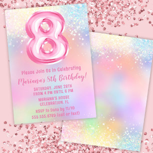 Invitación Arcoiris rosa 8 cumpleaños
