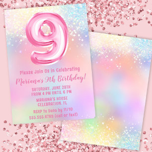 Invitación Arcoiris rosa 9 cumpleaños
