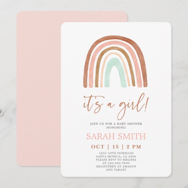 Invitación Arcoiris rosa es un Baby Shower chica (Anverso / Reverso)