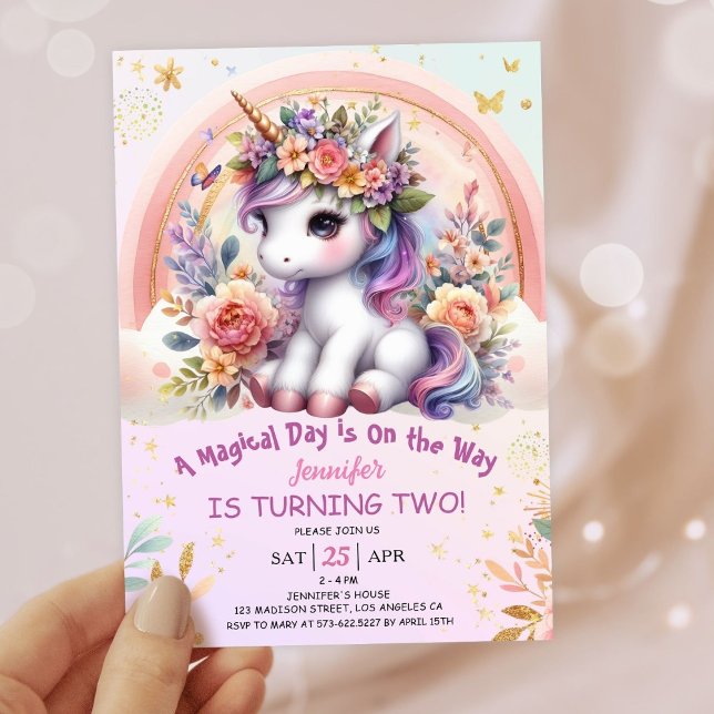 Invitación Arcoiris rosa floral de segundo cumpleaños de unic (#UnicornBirthdayInvitation #UnicornBirthdayInvitationTemplate #UnicornBirthdayInvitationEditable )
