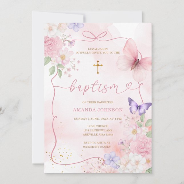 Invitación Arcoíris Rosa Lila Aquarela Bautizo de Niña (Anverso)
