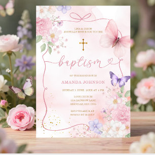Invitación Arcoíris Rosa Lila Aquarela Bautizo de Niña