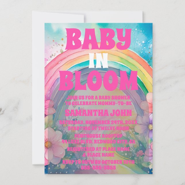 Invitación Arcoiris rosa pastel y flores Baby Shower (Anverso)