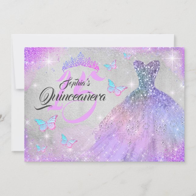 Invitación Arcoiris Rosa Púrpura Espuma Vestido Quinceanera (Anverso)