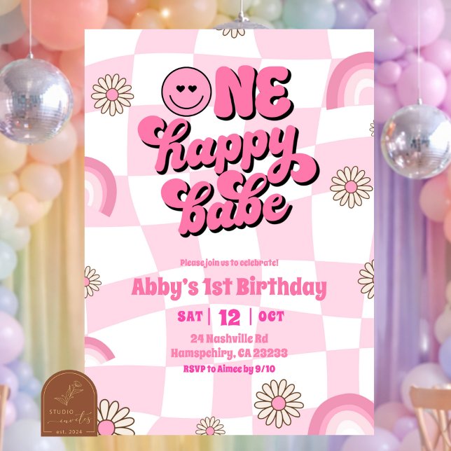 Invitación Arcoíris rosa retro primer cumpleaños feliz bebé (Subido por el creador)