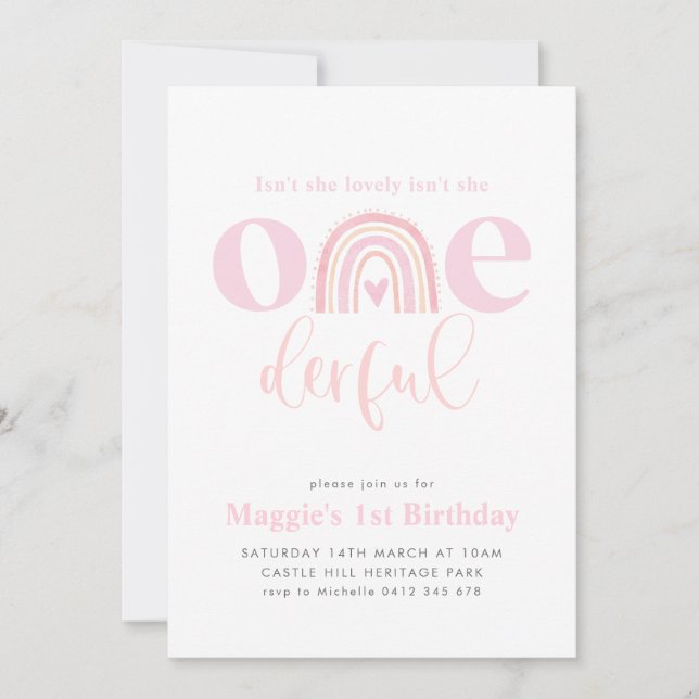 Invitación Arcoiris rosa UN maravilloso Chica primer cumpleañ (Anverso)