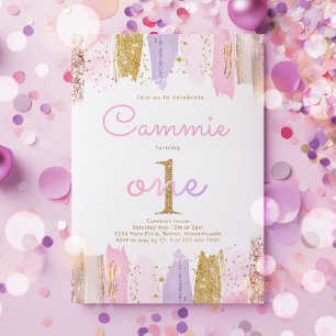Invitación Arcoiris rosa y dorado Primer Fiesta de cumpleaños