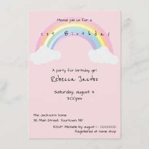 Invitación Arcoiris rosa y nubes de primer cumpleaños