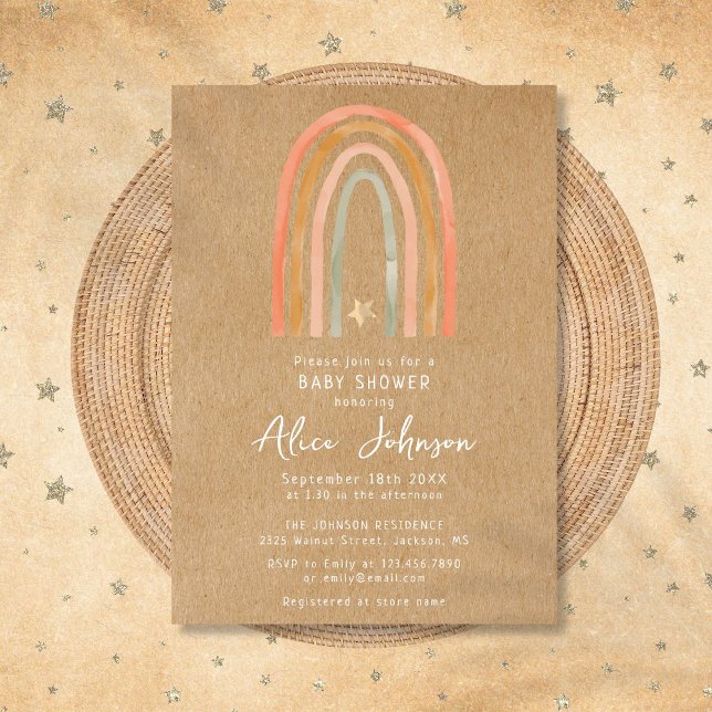 Invitación Arcoiris Rústico Y Baby Shower Star Boho (Rustic Rainbow And Star Boho Baby Shower Invitation)