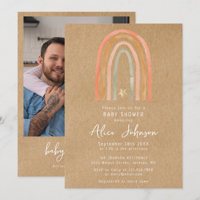 Invitación Arcoiris Rústico Y Foto De Estrella Baby Shower Bo (Anverso / Reverso)