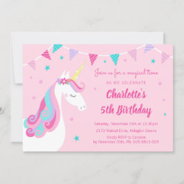 Invitación Arcoiris singulares Unicornio rosa 5 cumpleaños