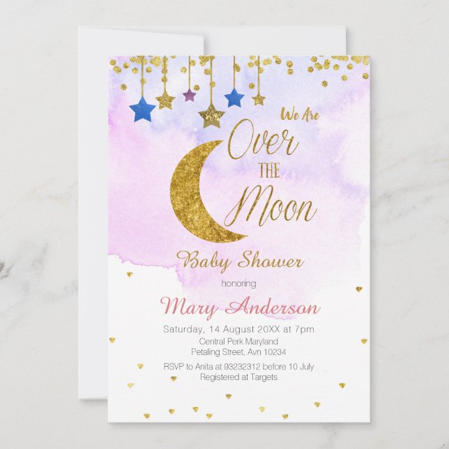 Invitación Arcoiris sobre la luna Baby Shower (Anverso)